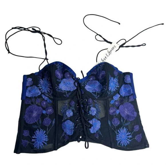 For Love And Lemons NWT Kaylee Embroidered Purple/Black XS Bustier Crop Top